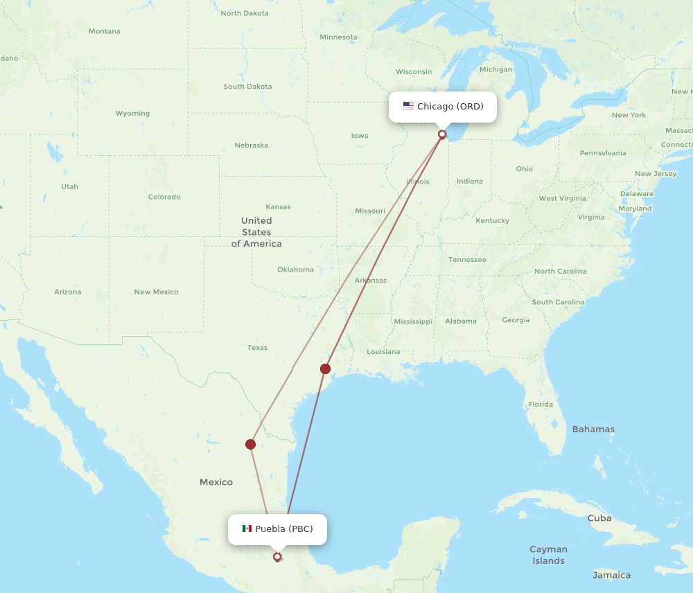 PBC-ORD flight routes