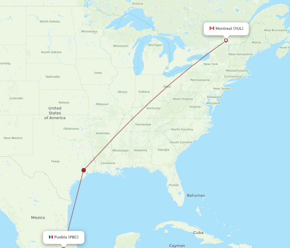 Puebla - Montreal route map and flight paths