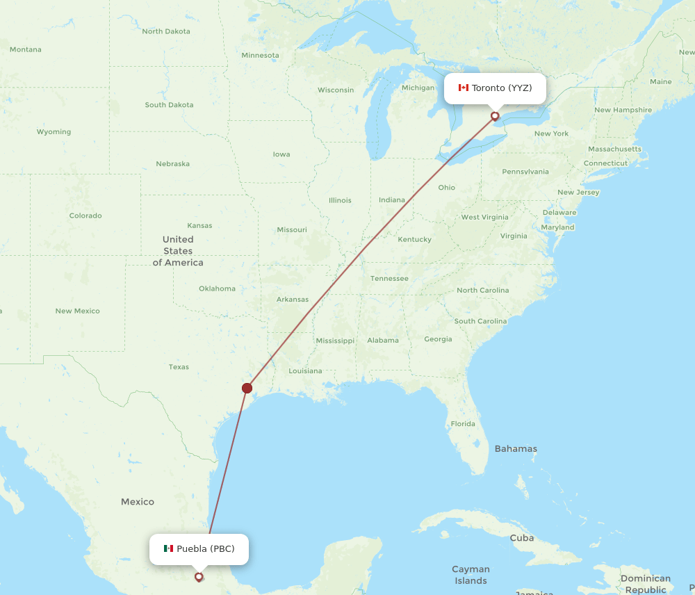 Toronto - Puebla route map and flight paths