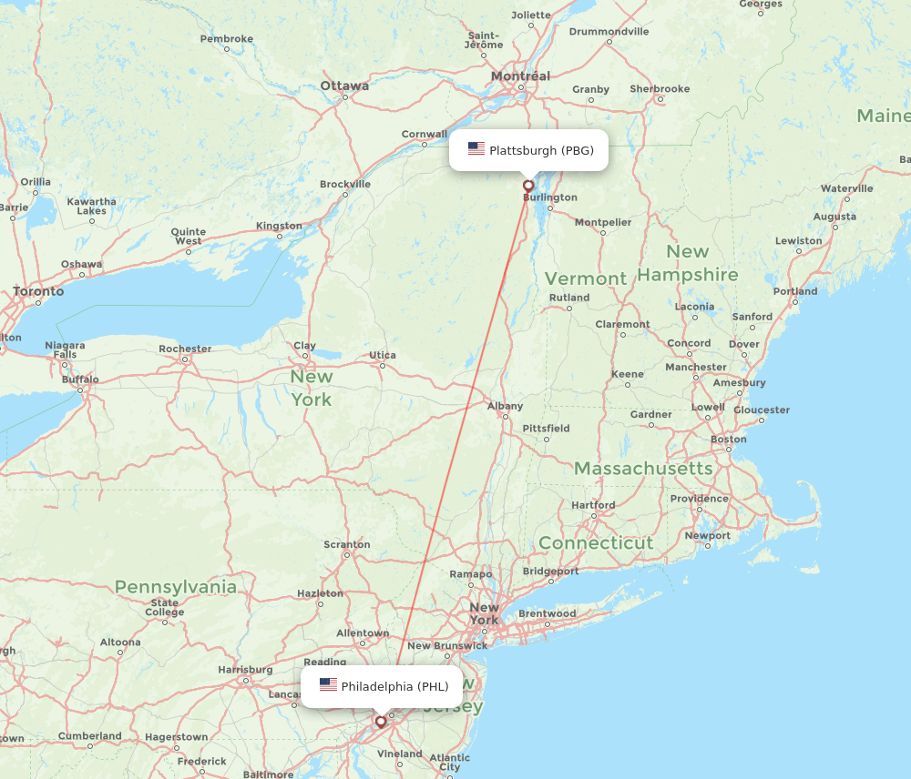 Plattsburgh - Philadelphia route map and flight paths