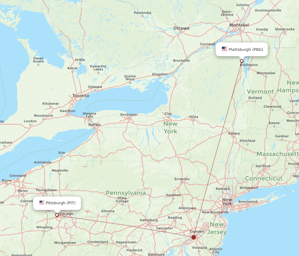 Plattsburgh - Pittsburgh route map and flight paths
