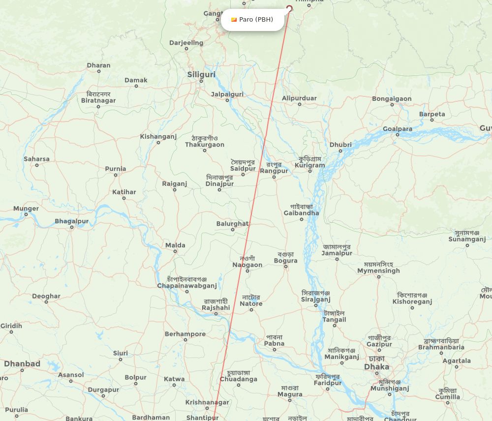 Paro - Kolkata route map and flight paths