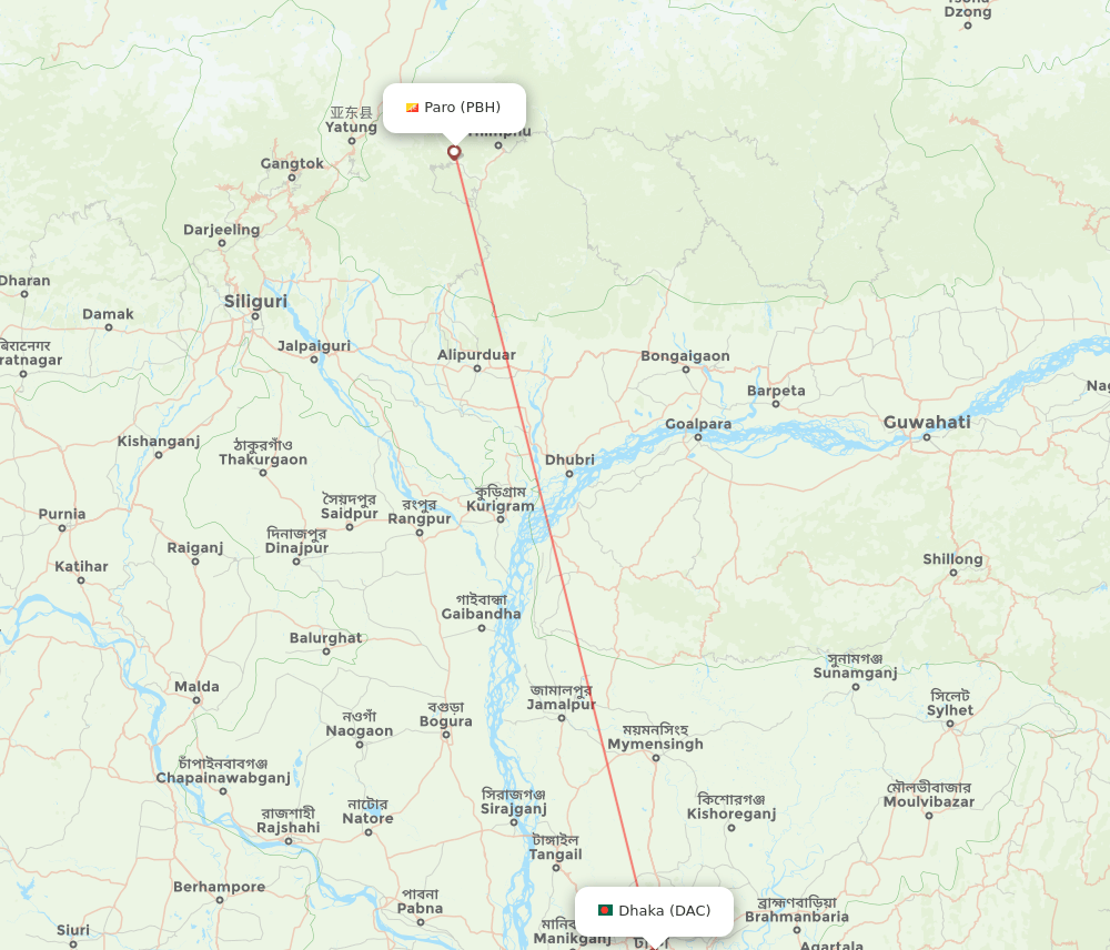 Paro - Dhaka route map and flight paths
