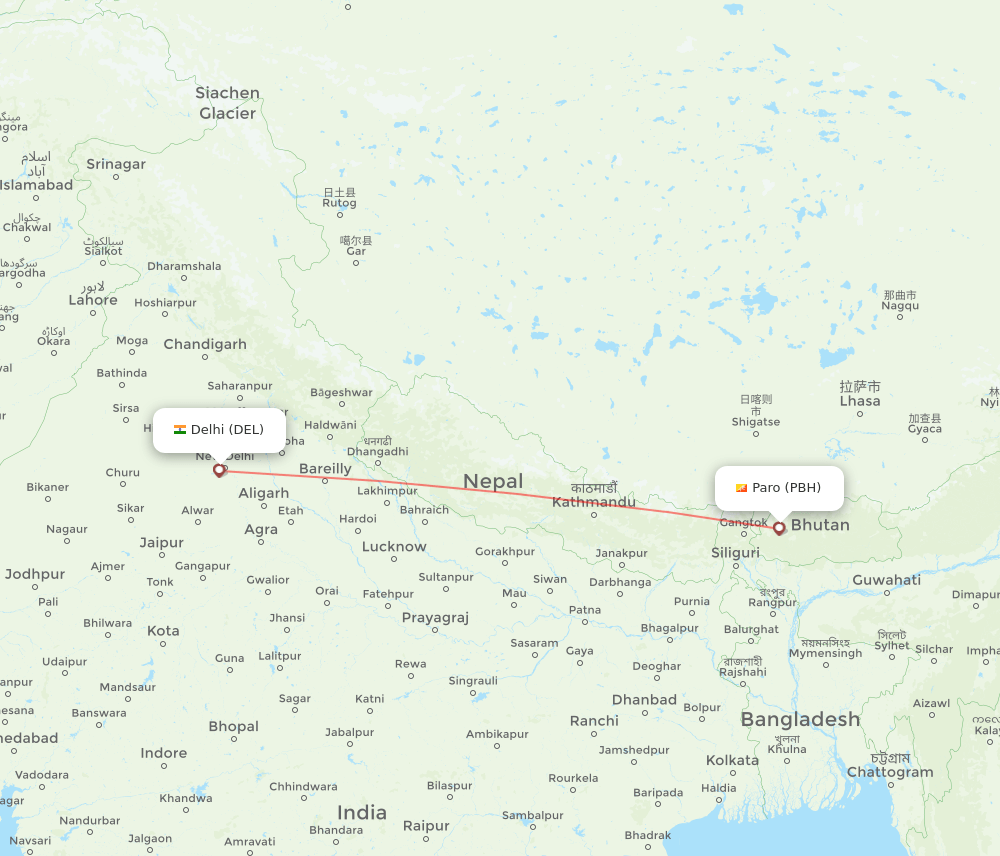 Paro - Delhi route map and flight paths