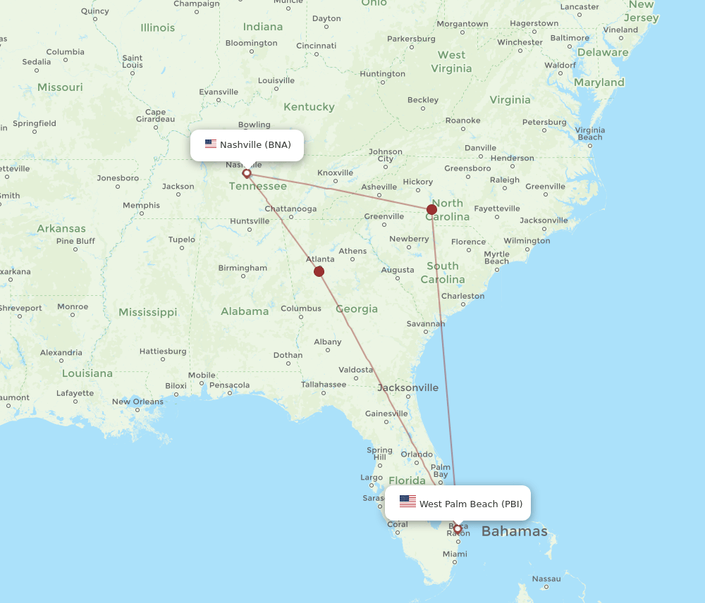 PBI-BNA flight routes