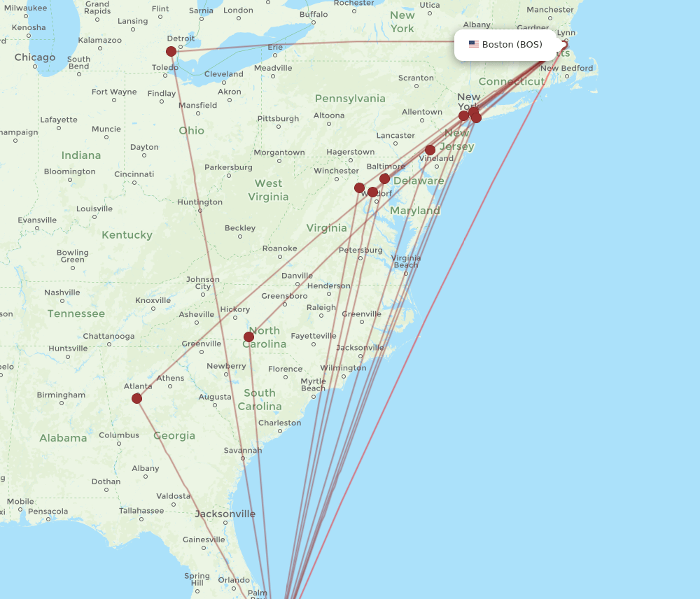 PBI to BOS flights and routes map