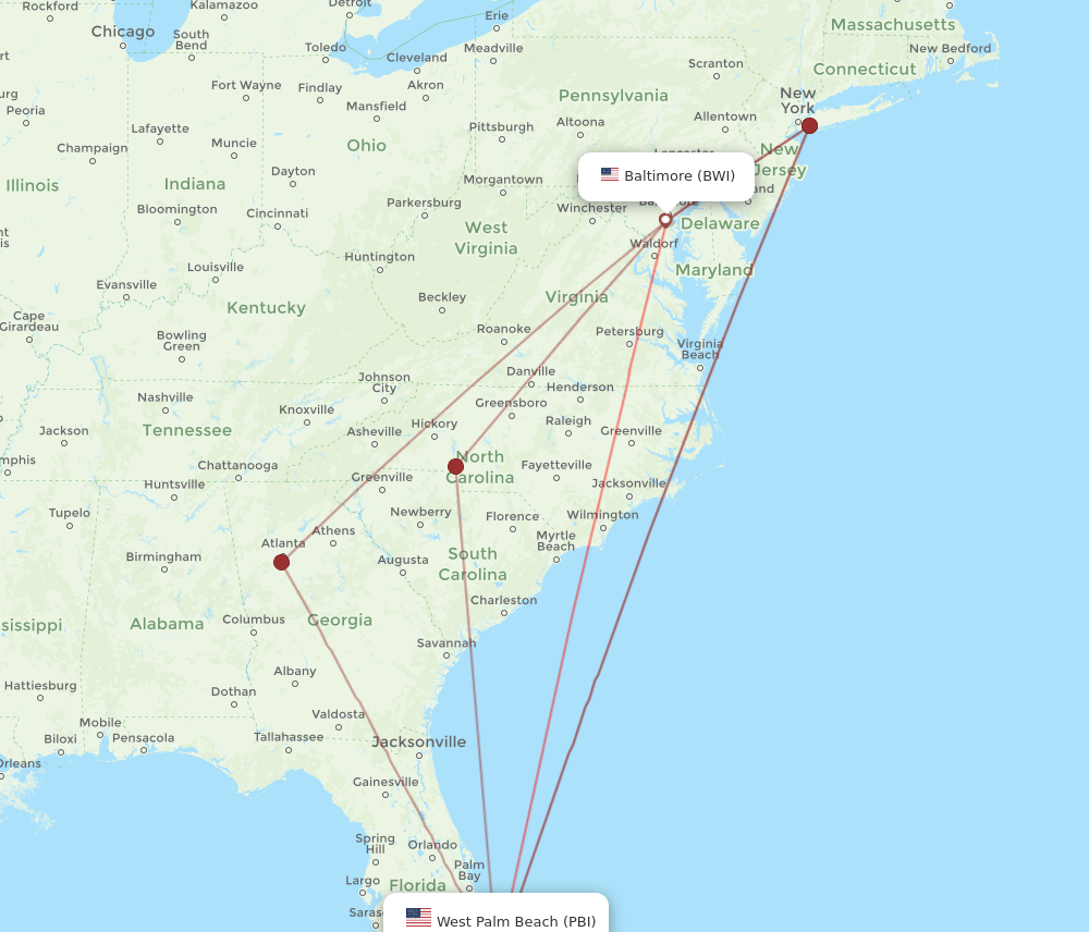 PBI-BWI flight routes