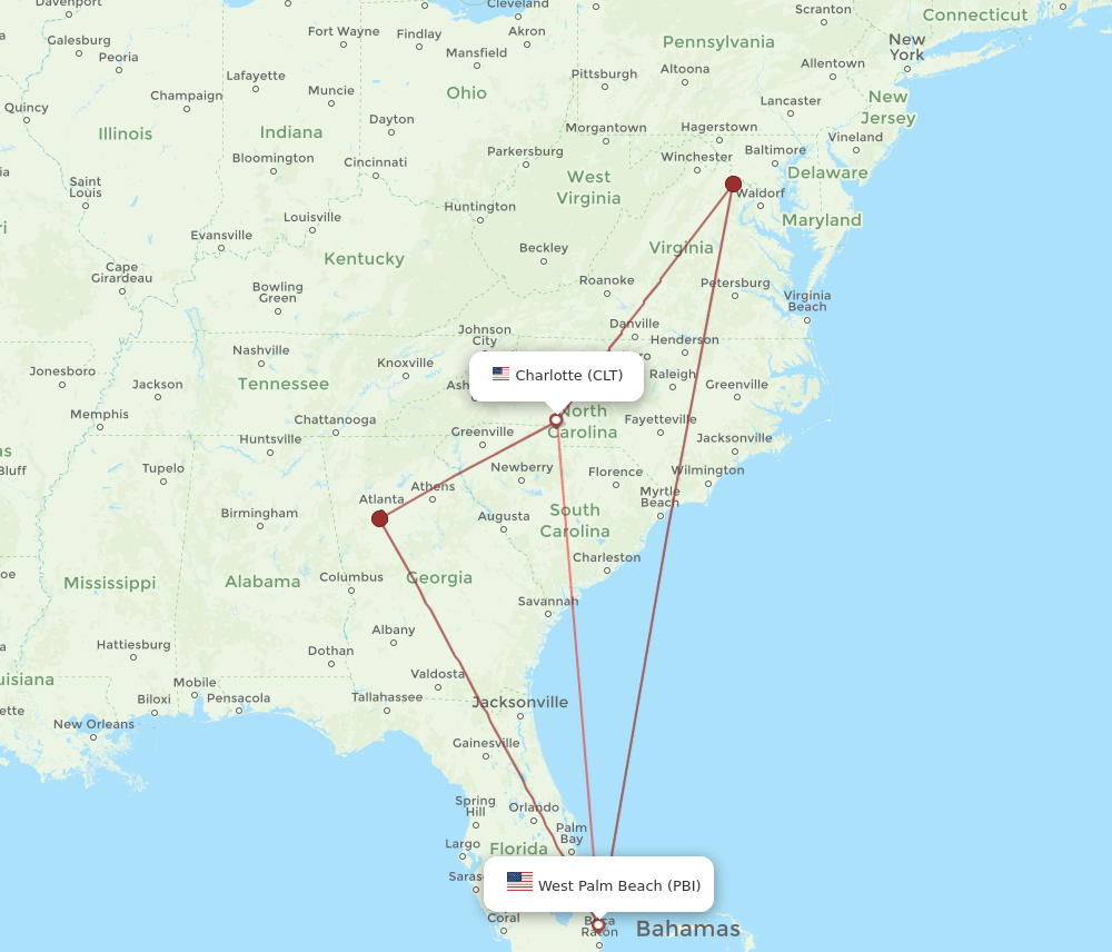 PBI-CLT flight routes