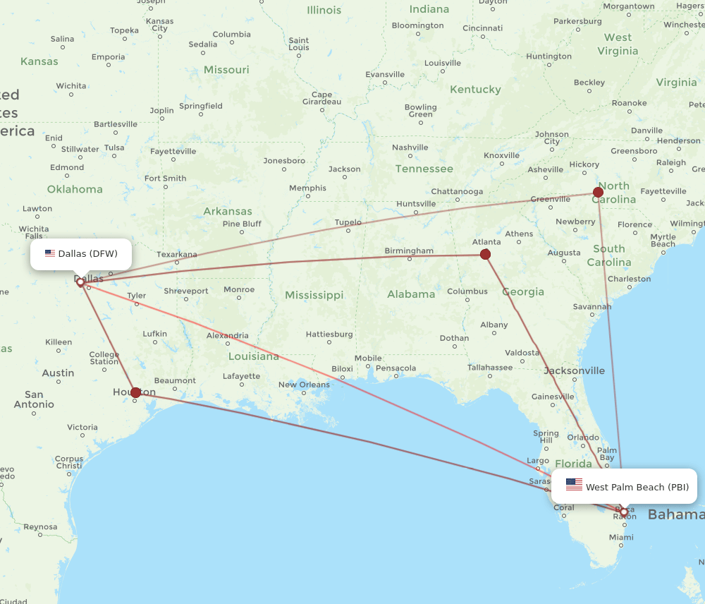 PBI-DFW flight routes