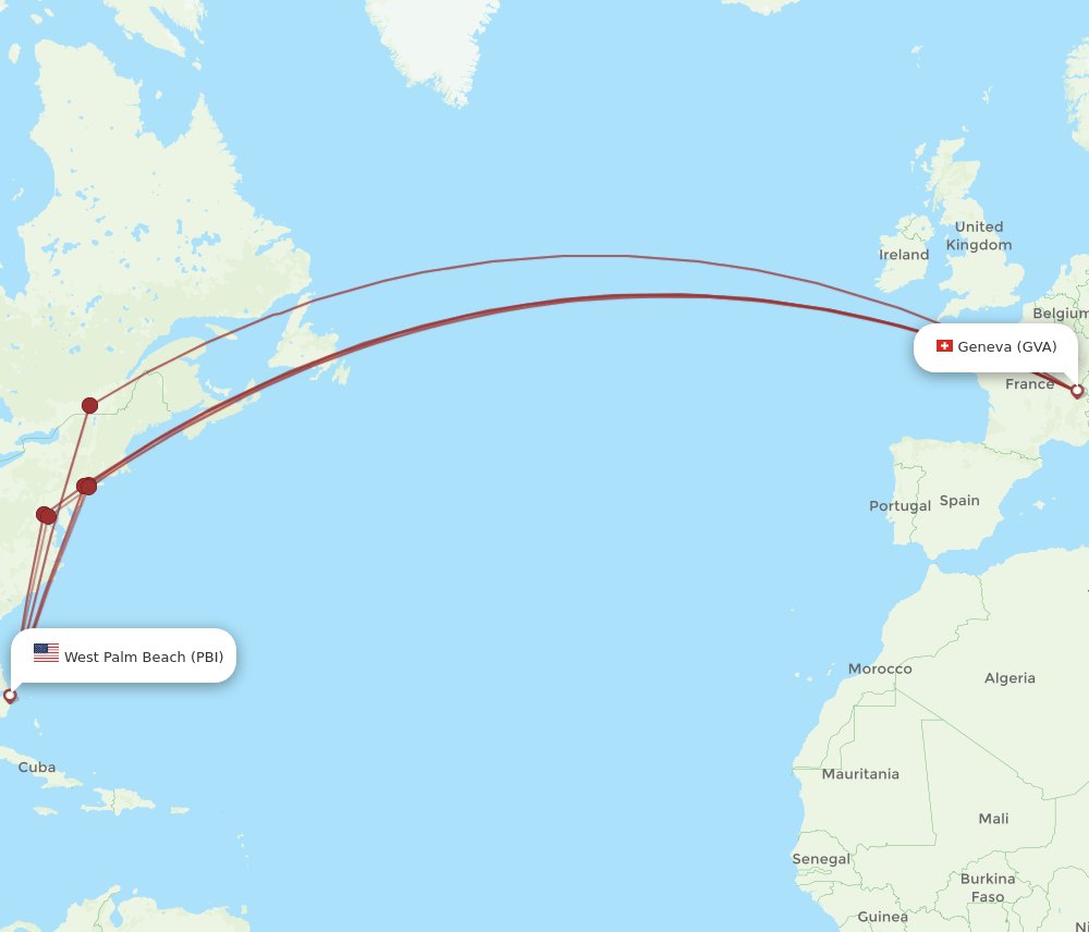 PBI to GVA flights and routes map