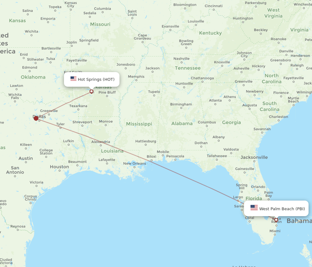 PBI to HOT flights and routes map