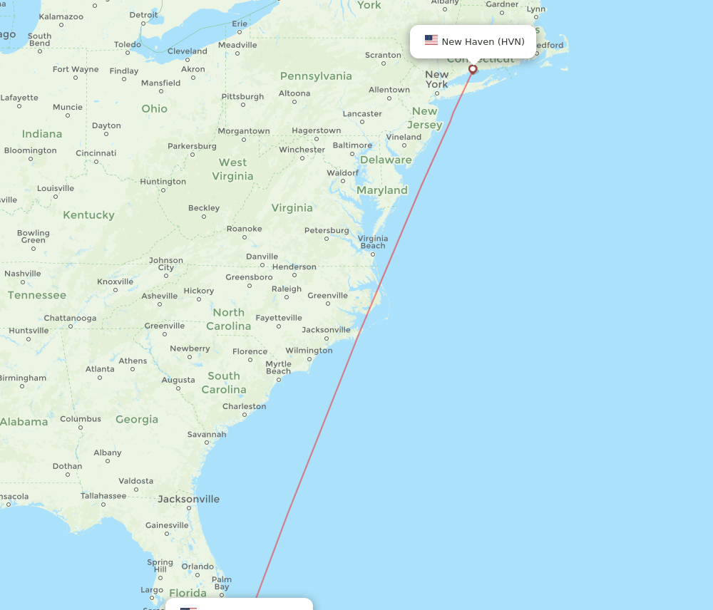 PBI to HVN flights and routes map