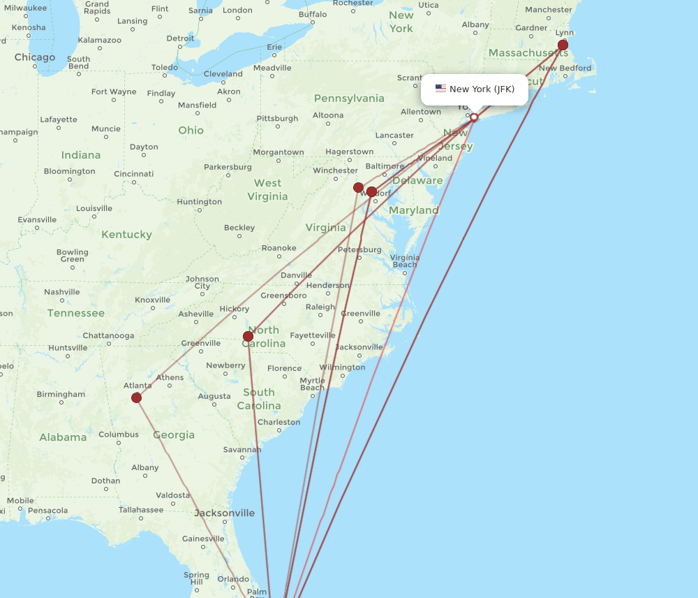 PBI-JFK flight routes