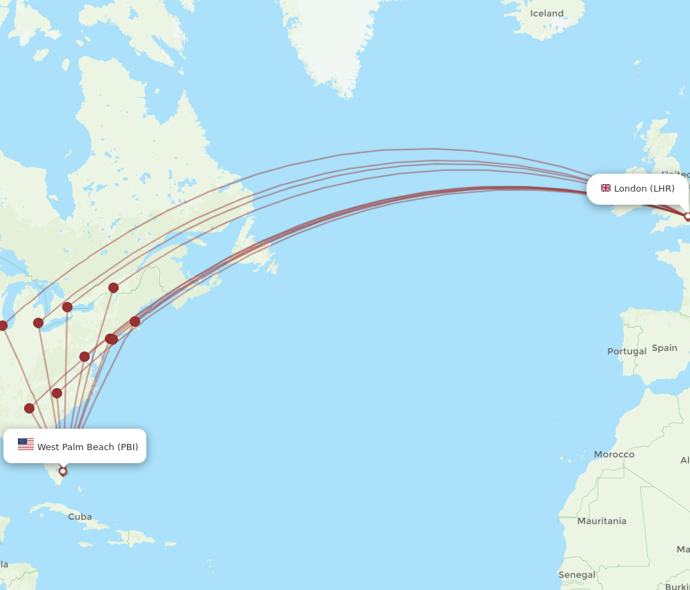 PBI-LHR flight routes