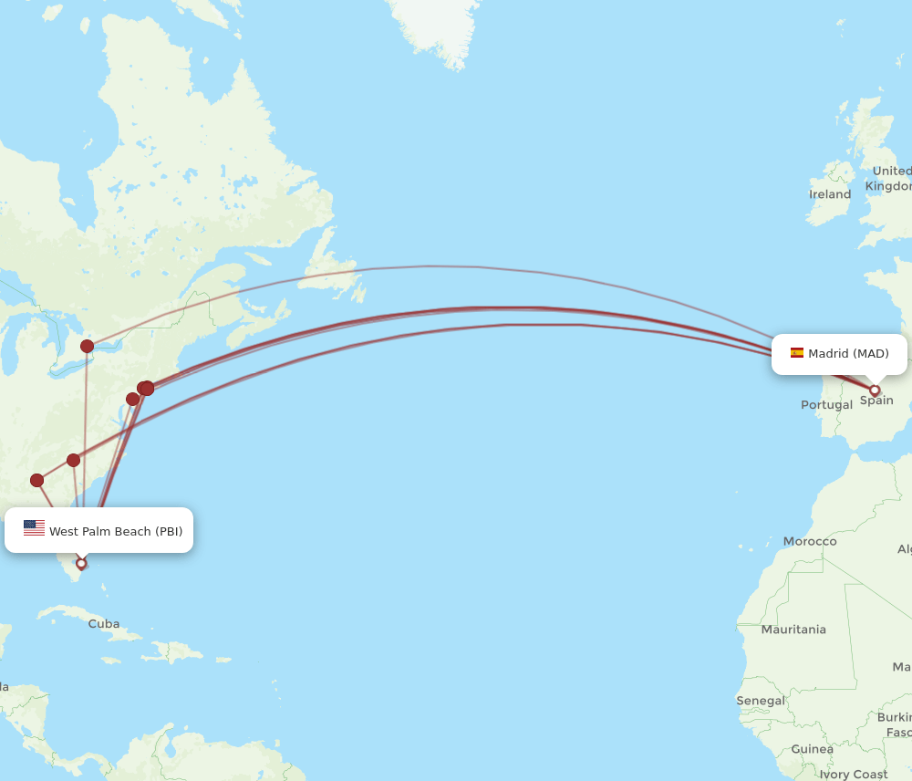 PBI-MAD flight routes