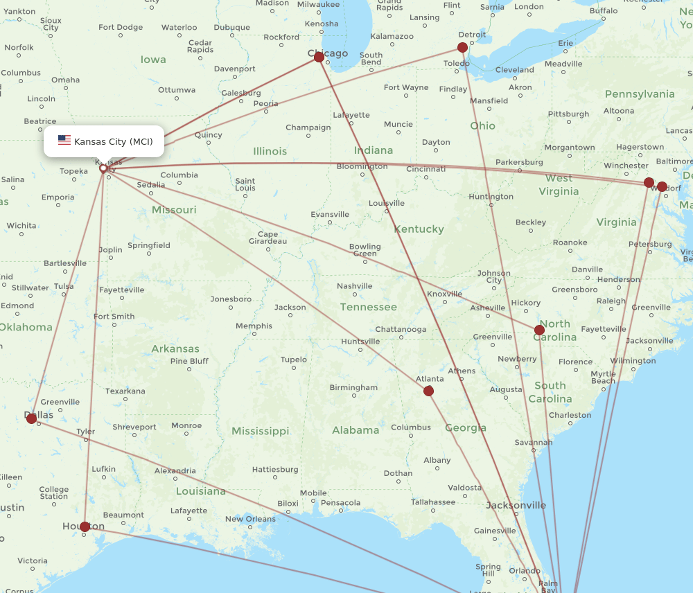 PBI to MCI flights and routes map