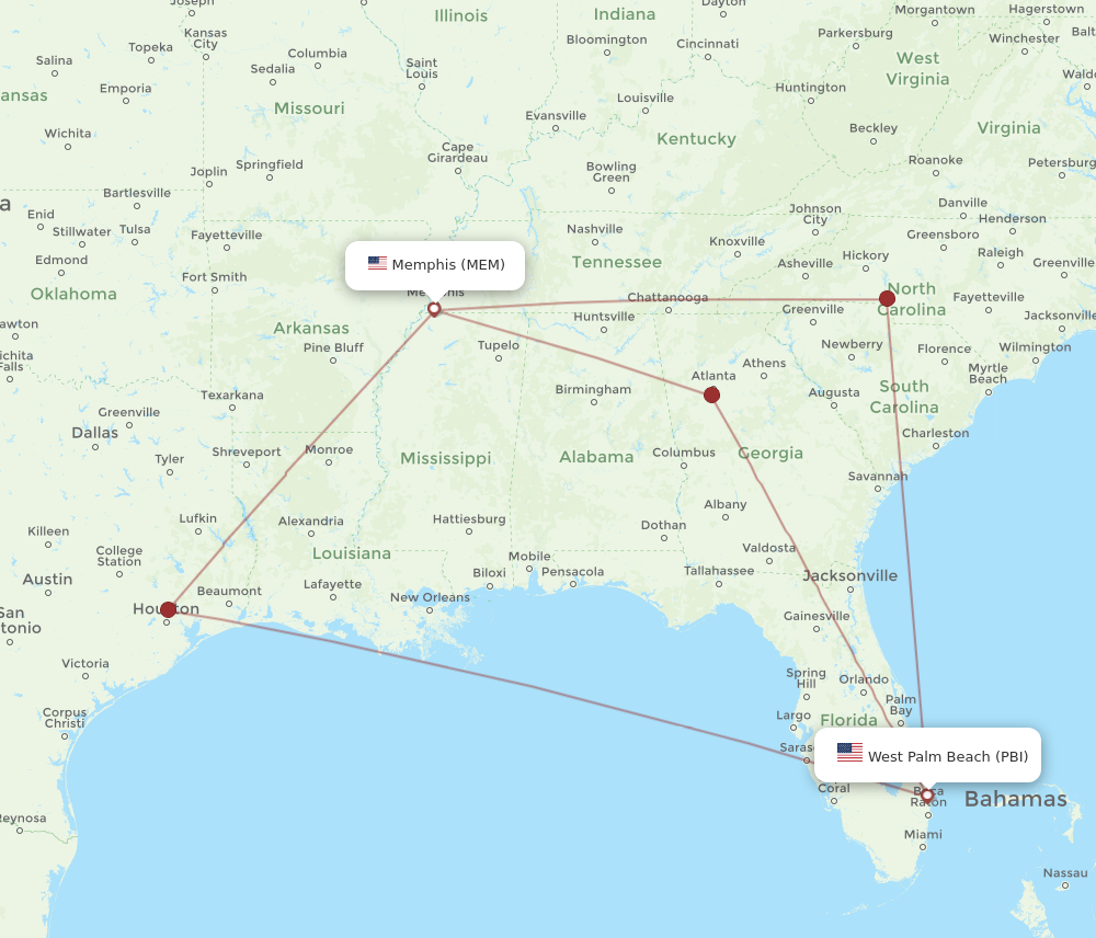 PBI to MEM flights and routes map