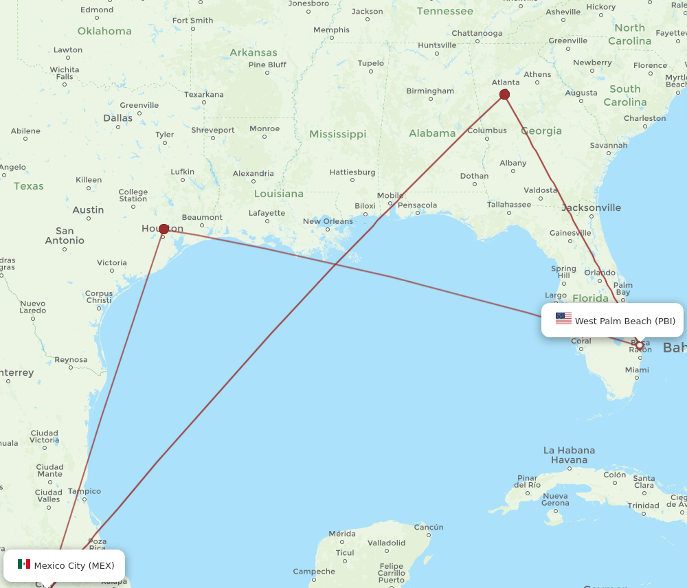 PBI-MEX flight routes