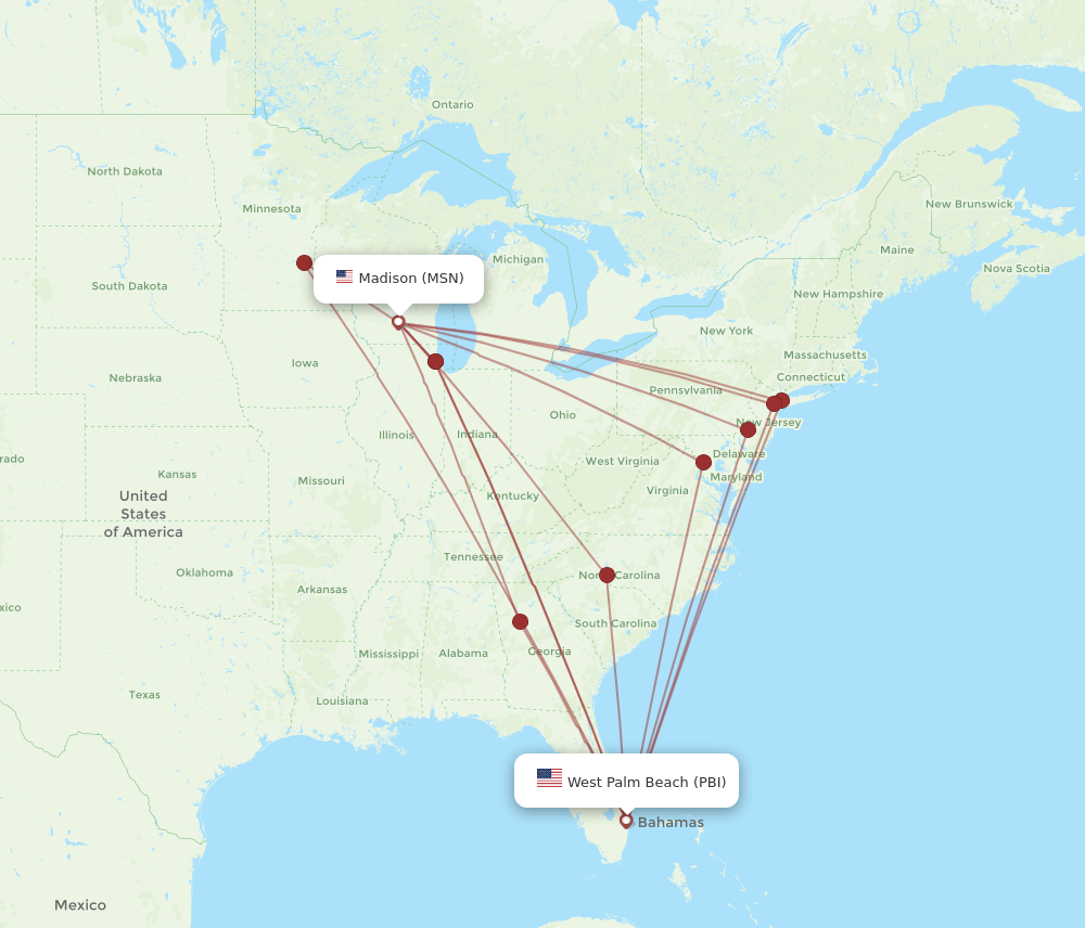 PBI to MSN flights and routes map