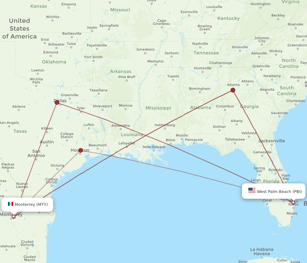 PBI-MTY flight routes