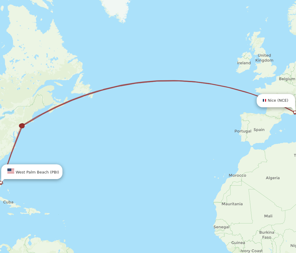 PBI to NCE flights and routes map