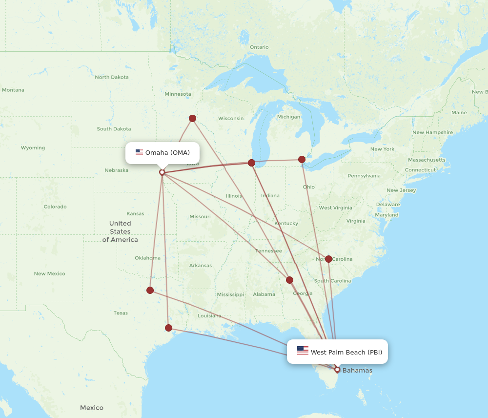PBI to OMA flights and routes map