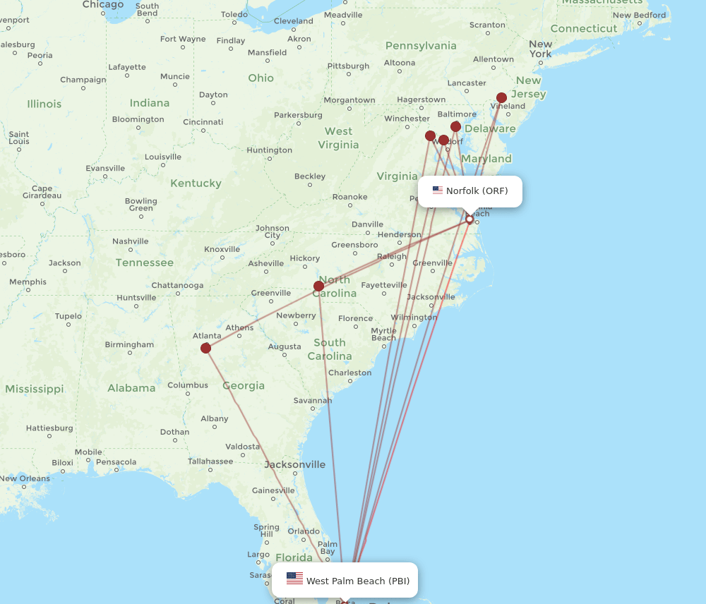PBI-ORF flight routes
