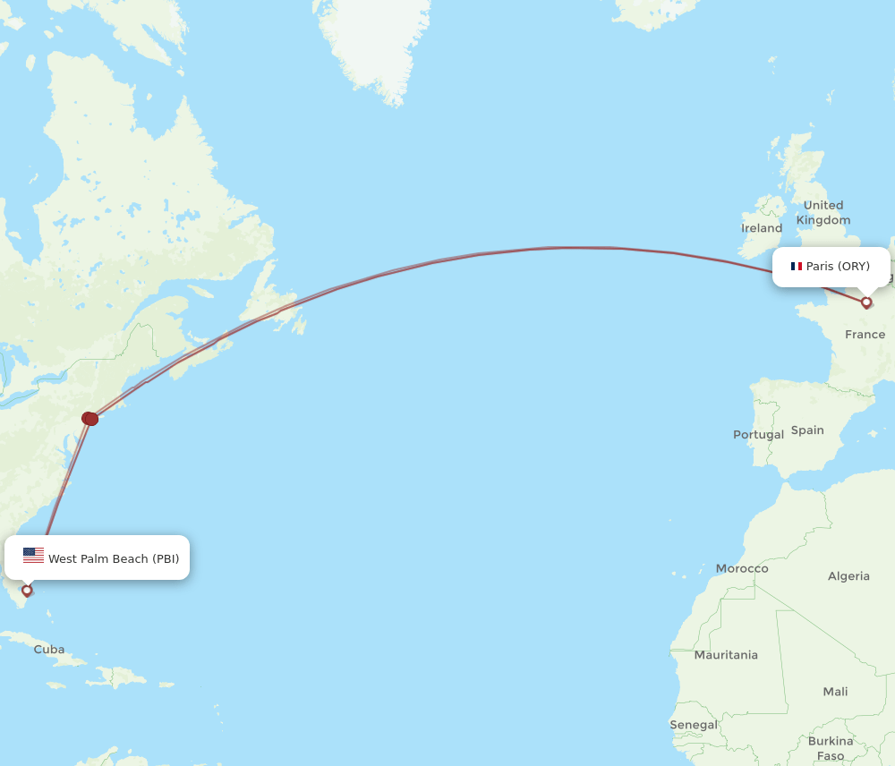 West Palm Beach - Paris route map and flight paths
