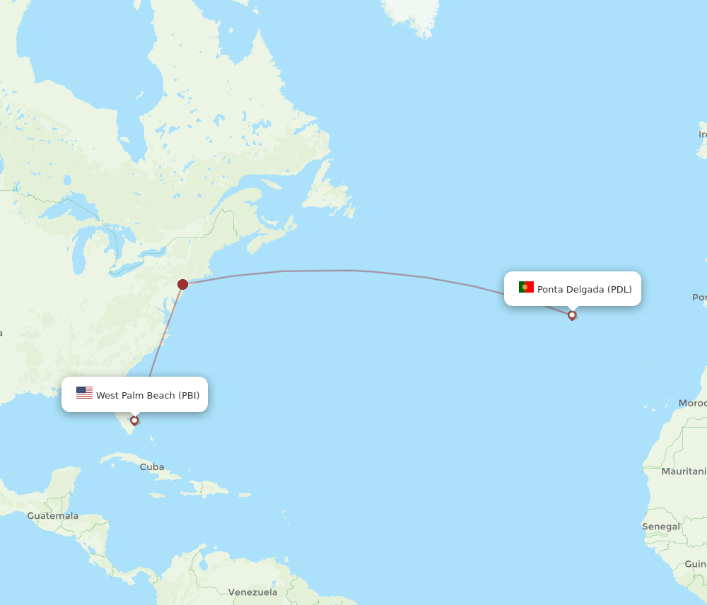 Ponta Delgada (Azores) - West Palm Beach route map and flight paths