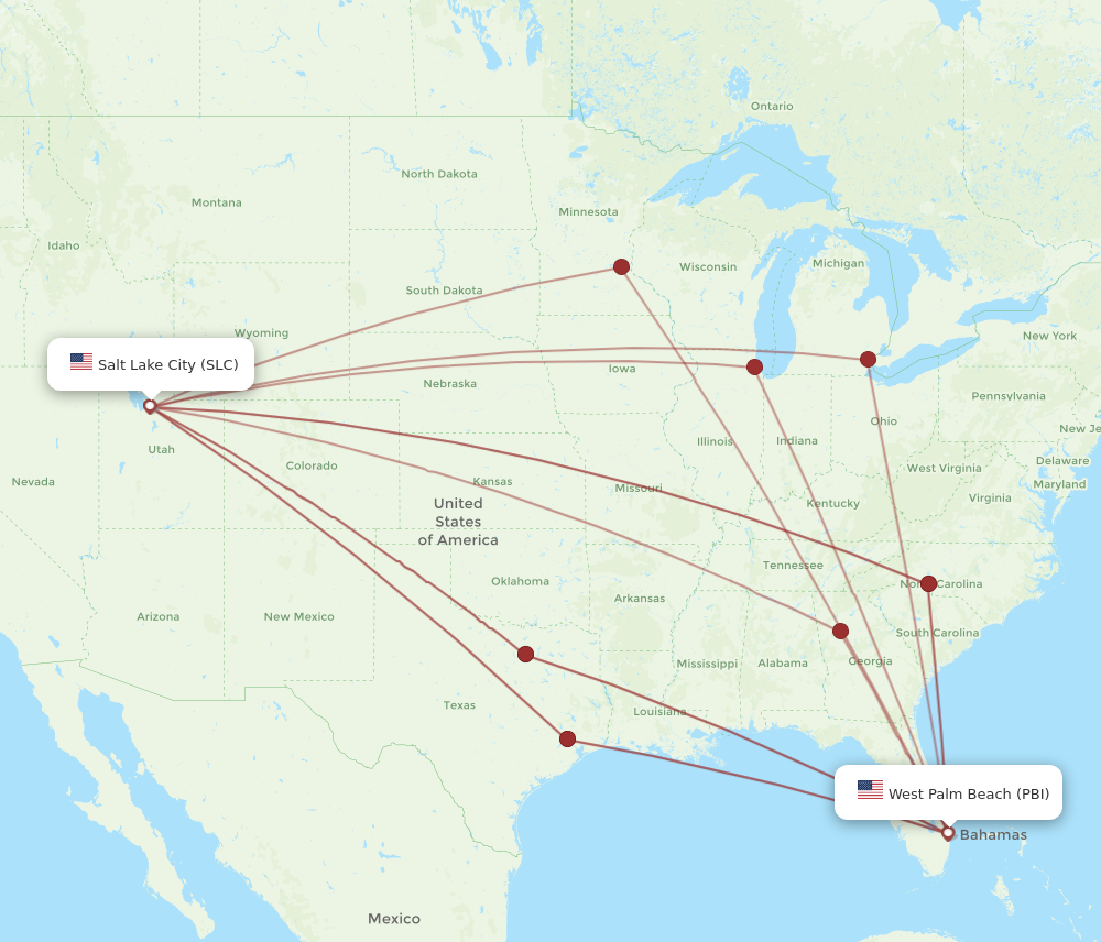 PBI to SLC flights and routes map