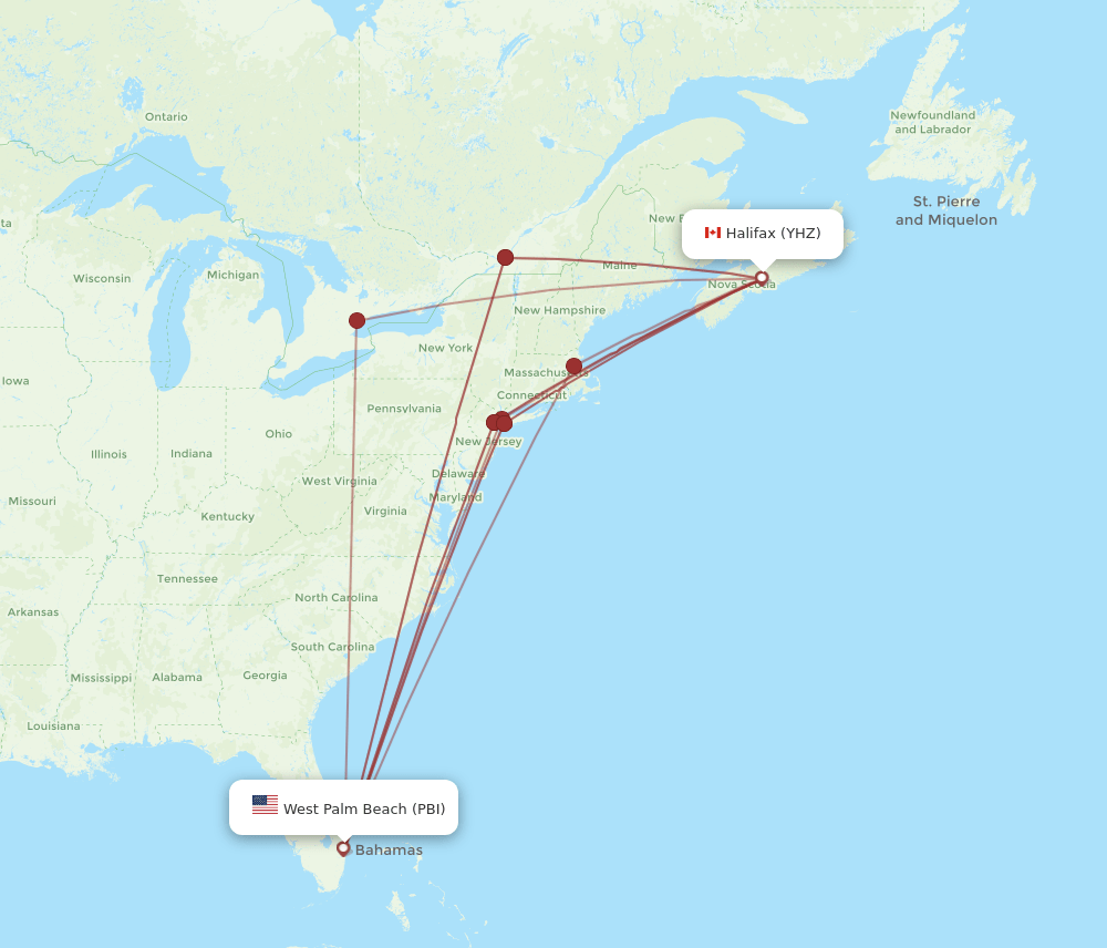 PBI to YHZ flights and routes map
