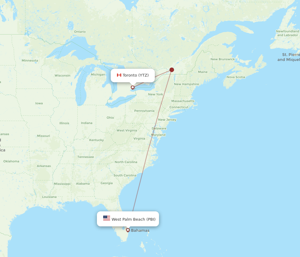 PBI-YTZ flight routes