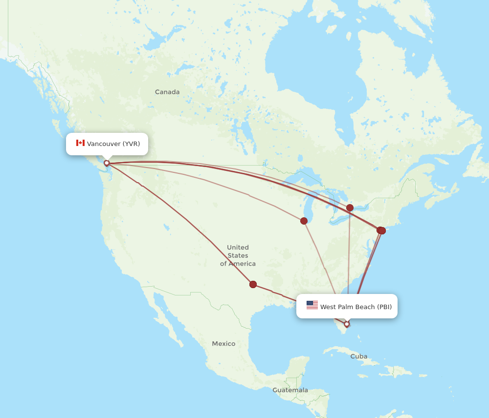 PBI to YVR flights and routes map