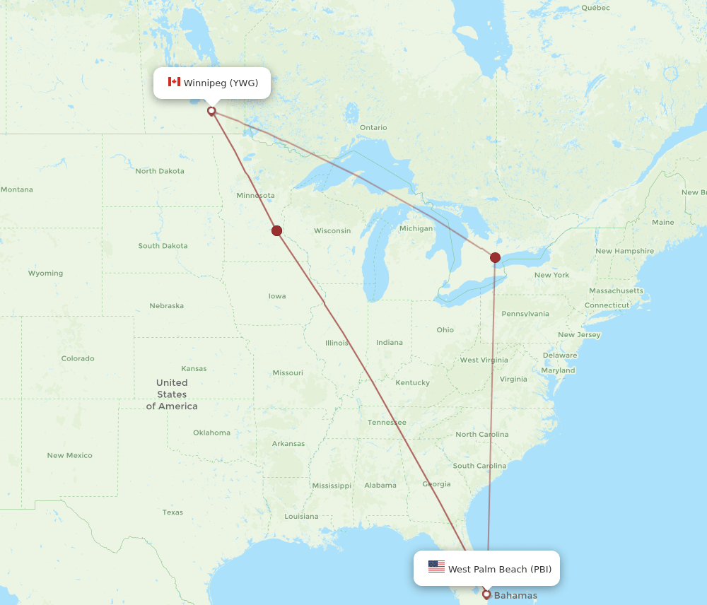 PBI to YWG flights and routes map