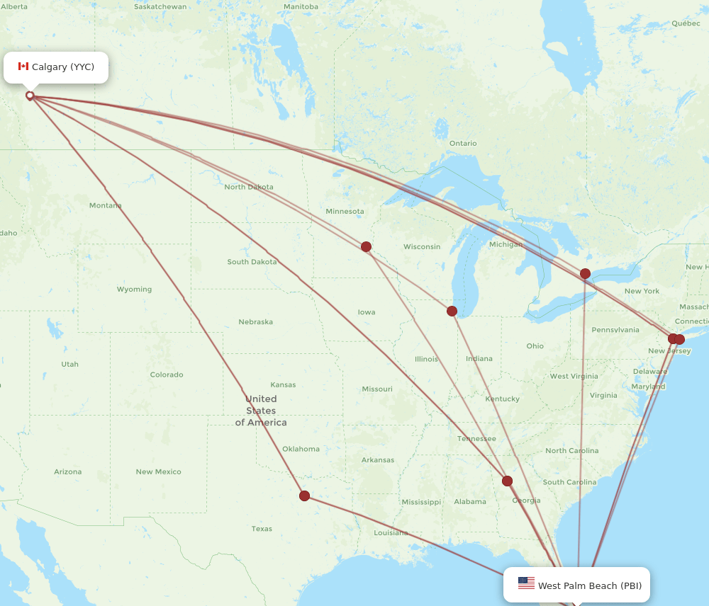 Calgary - West Palm Beach route map and flight paths