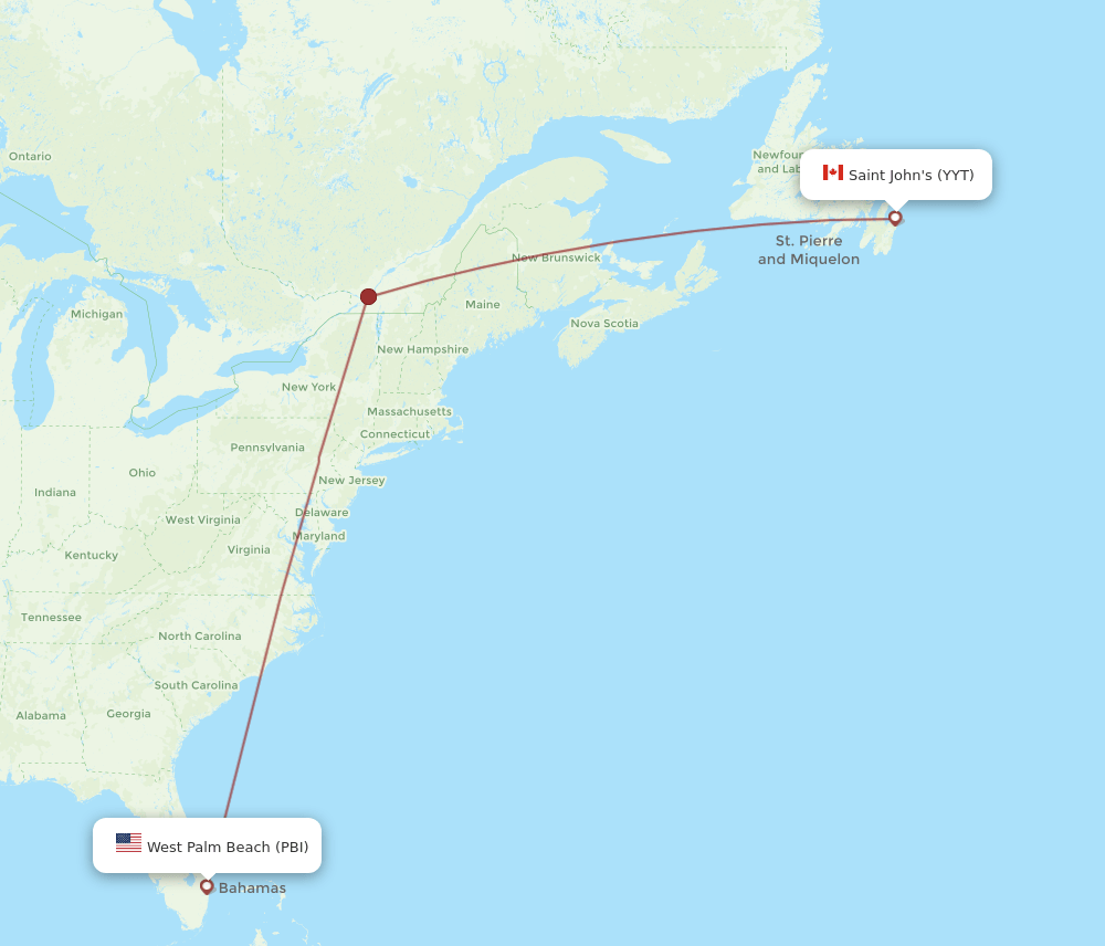St. John's - West Palm Beach route map and flight paths