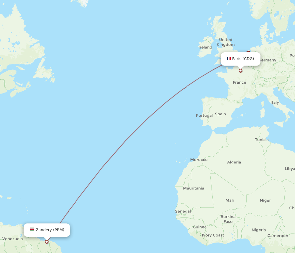 Paris - Paramaribo route map and flight paths