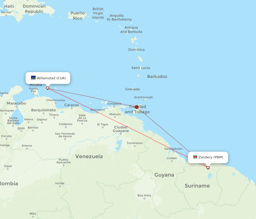 PBM to CUR flights and routes map