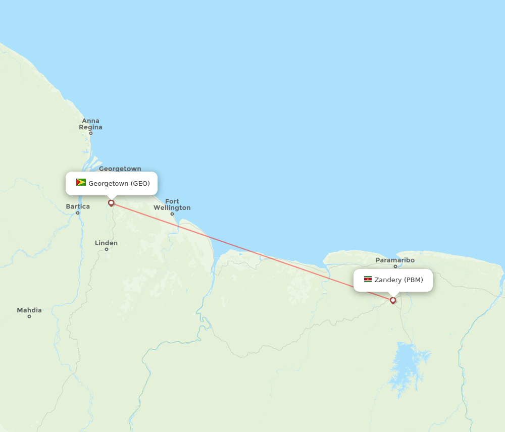 Paramaribo - Georgetown route map and flight paths