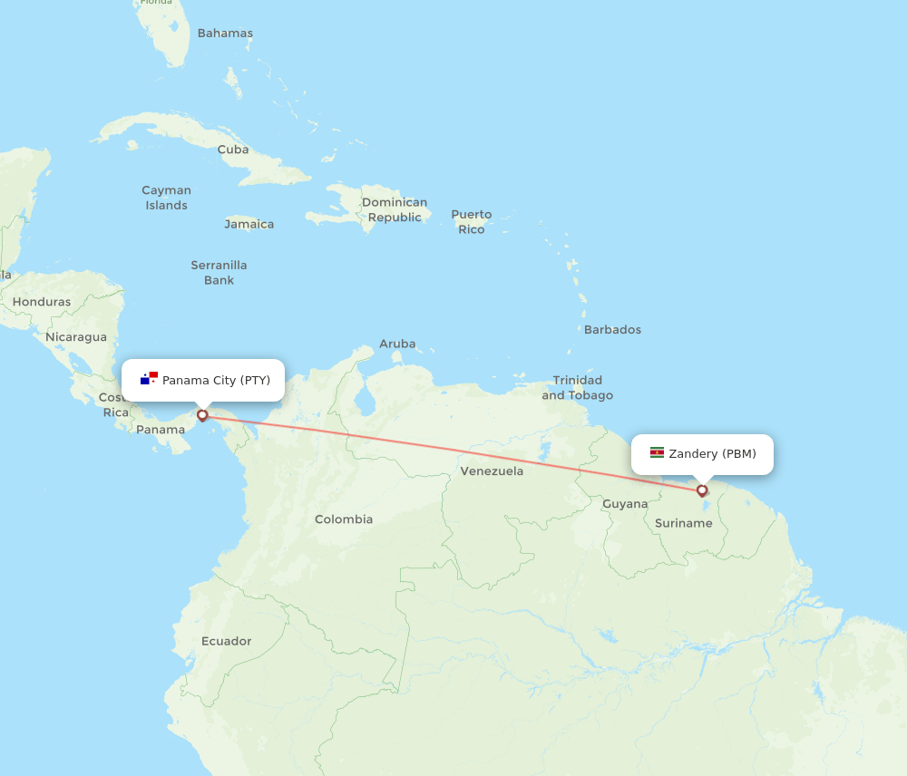 Paramaribo - Panama City route map and flight paths