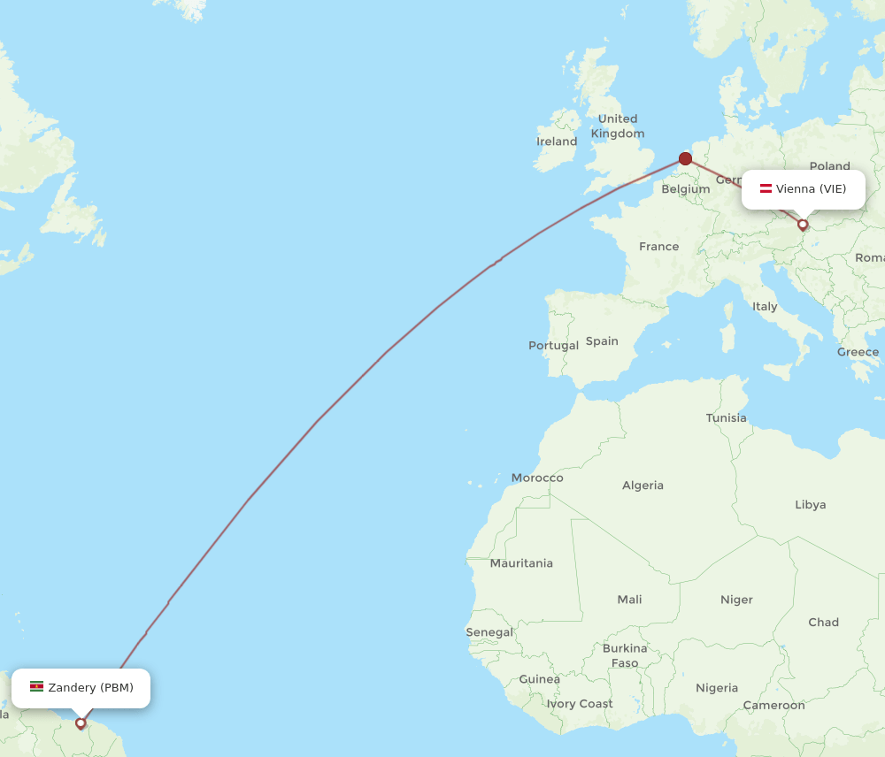 Vienna - Paramaribo route map and flight paths