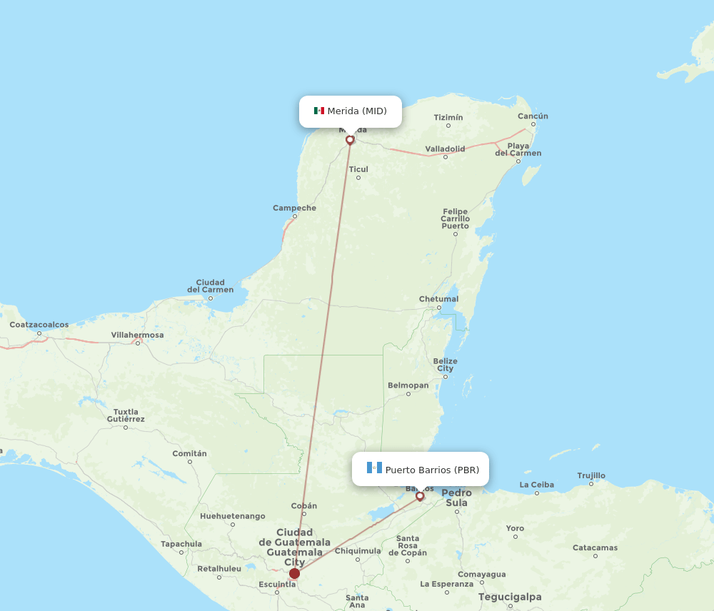 Merida - Puerto Barrios route map and flight paths