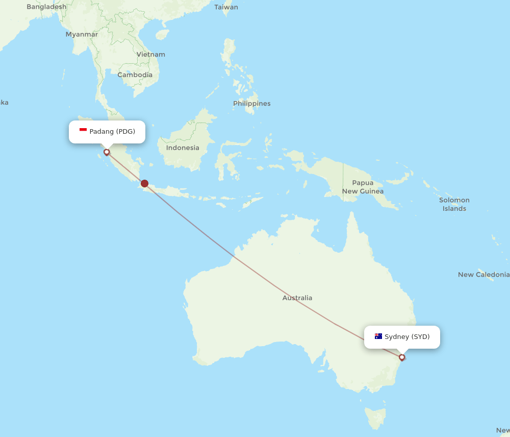 Sydney - Padang route map and flight paths