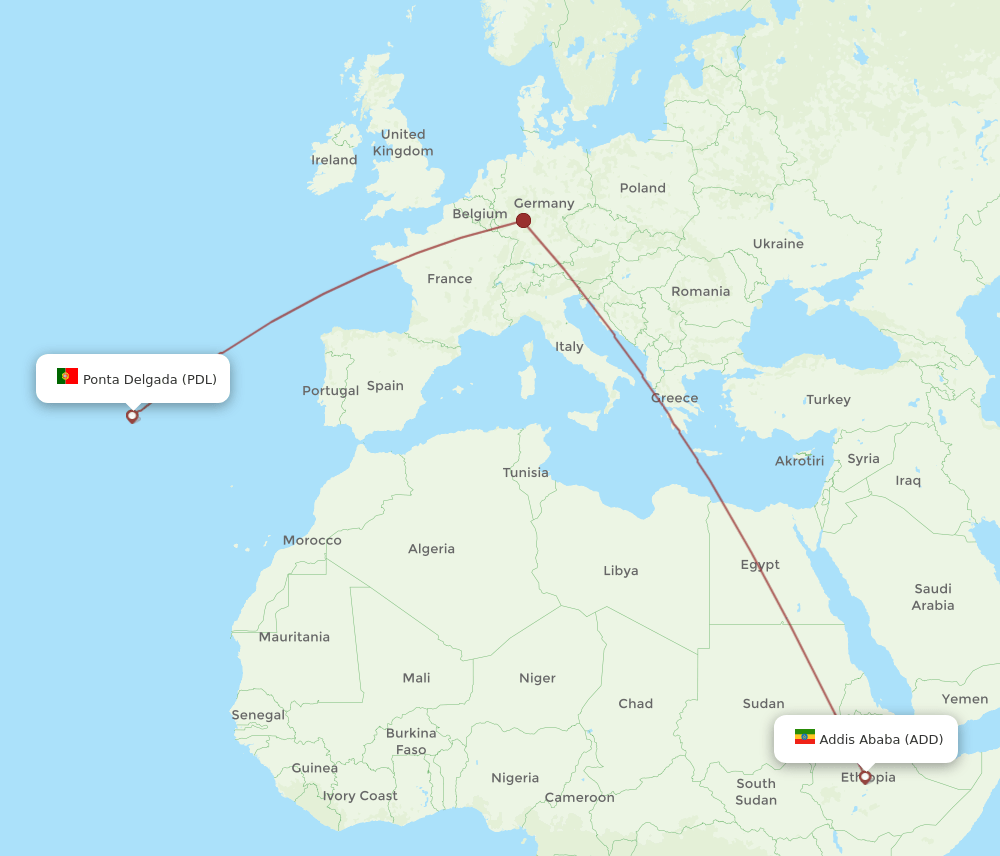 PDL to ADD flights and routes map