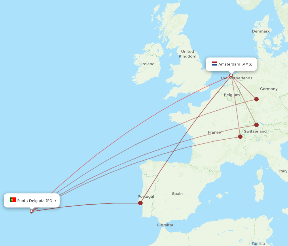 PDL to AMS flights and routes map