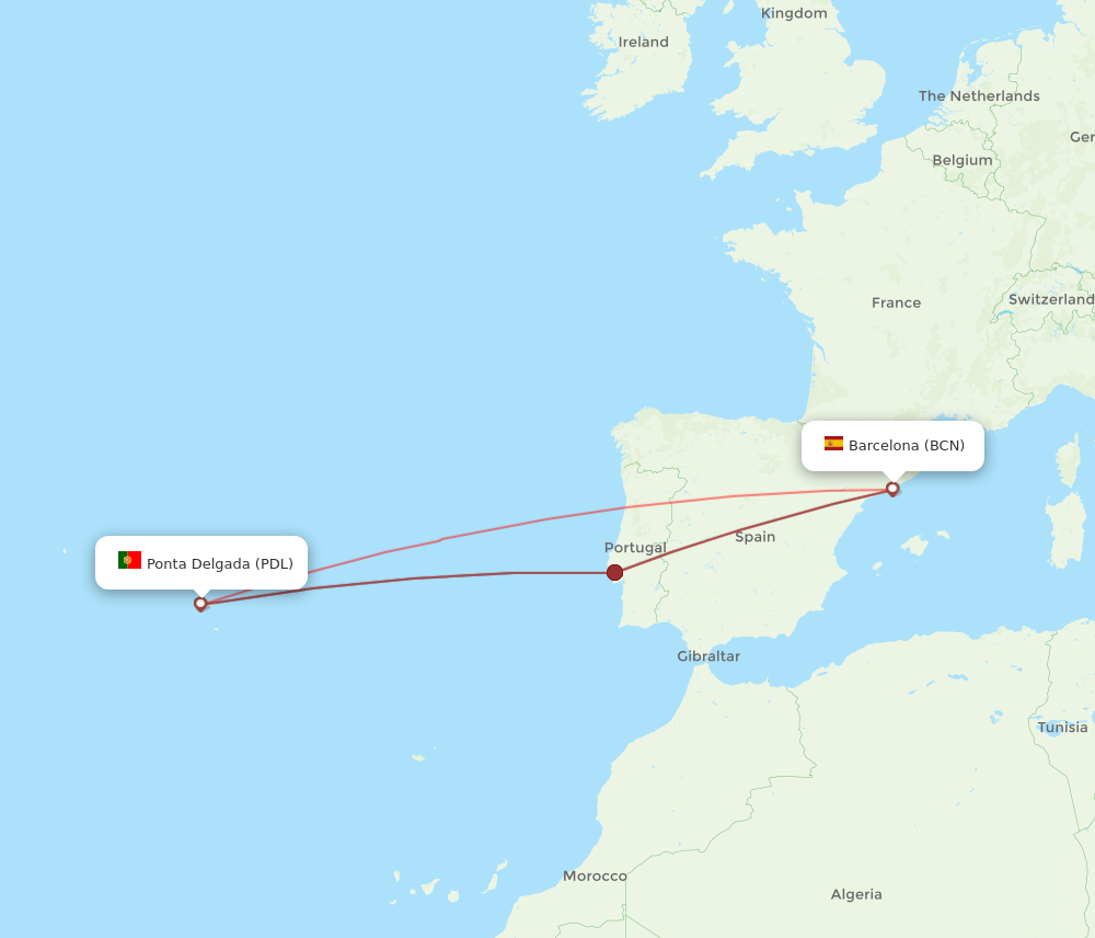 PDL to BCN flights and routes map