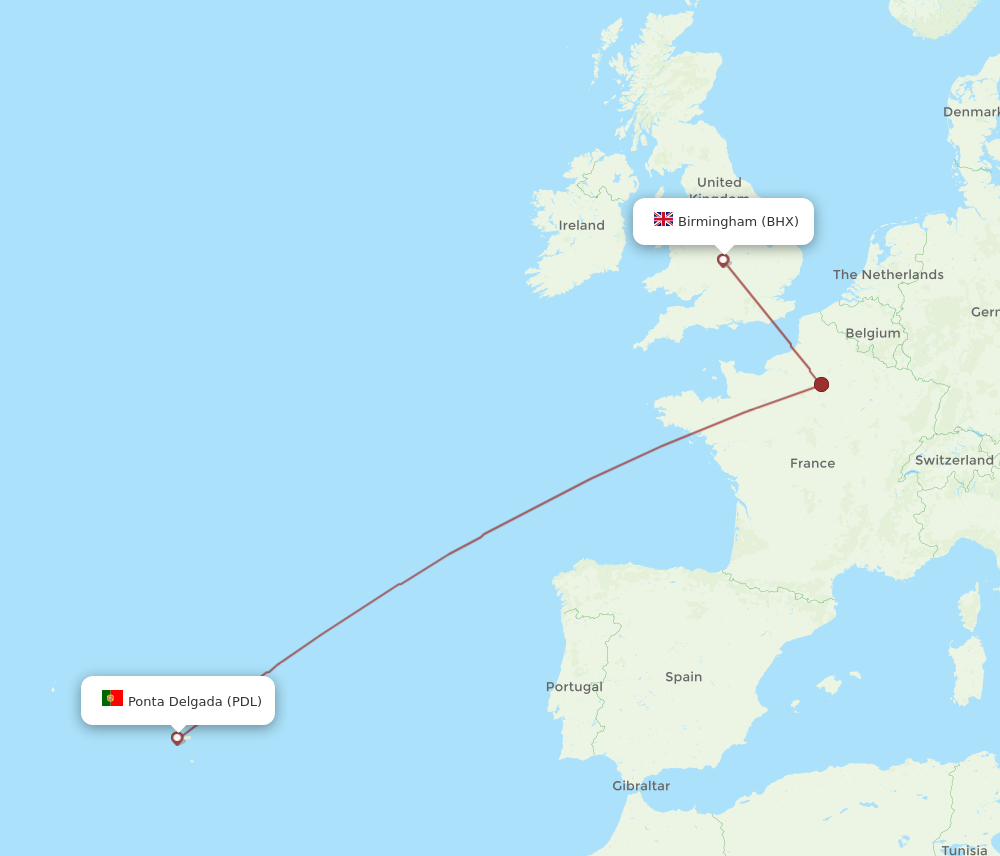 PDL to BHX flights and routes map