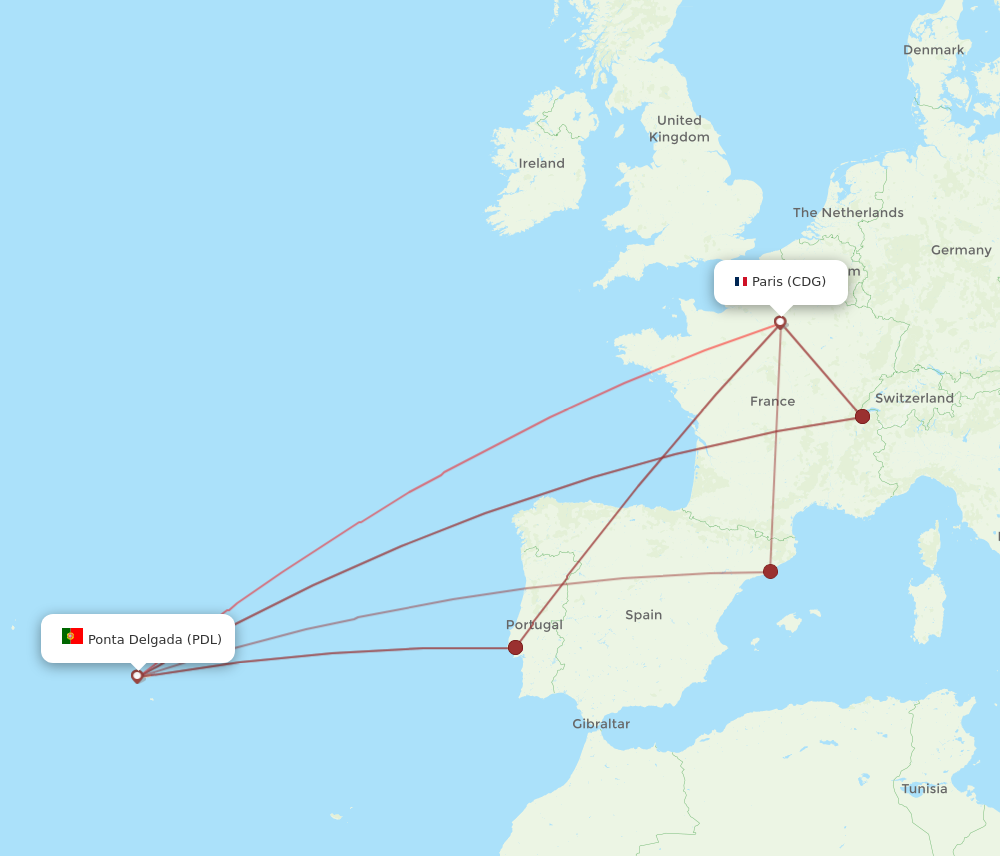 PDL to CDG flights and routes map