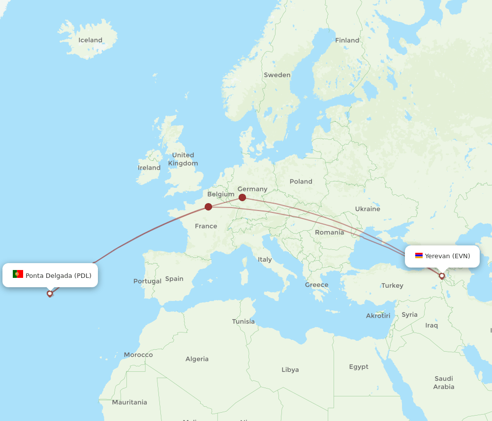 PDL to EVN flights and routes map