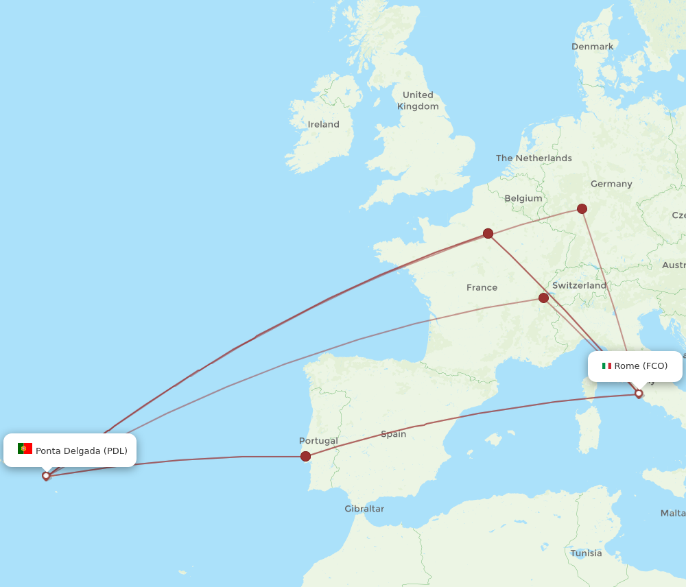 PDL to FCO flights and routes map